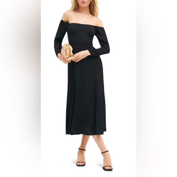 Reformation Ballari Dress in Black Midi Off Shoulder Long Sleeves Size 0 - Picture 17 of 17
